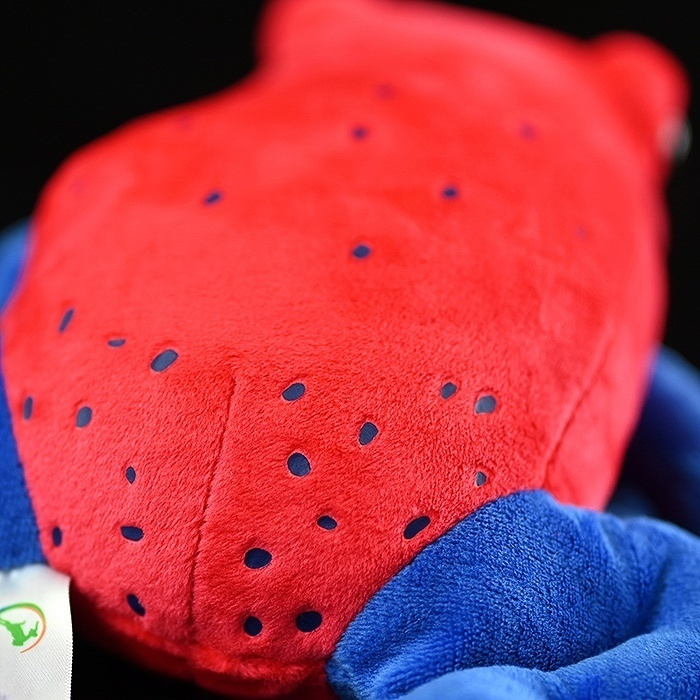 Detailed view of the spotted red back on Strawberry Poison Dart Frog plush, perfect for nature lovers