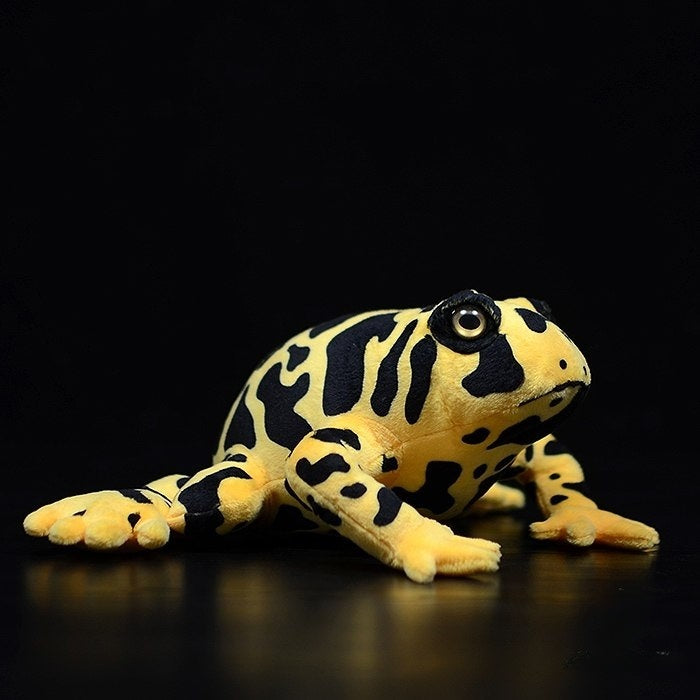 Side view of Yellow-Banded Poison Dart Frog plush toy, showing lifelike details and vibrant colors