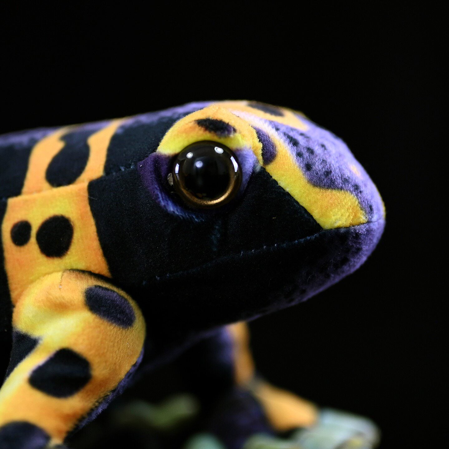 Close-up face of a Yellow-Banded Poison Dart Frog Plush, showcasing vibrant yellow and black details
