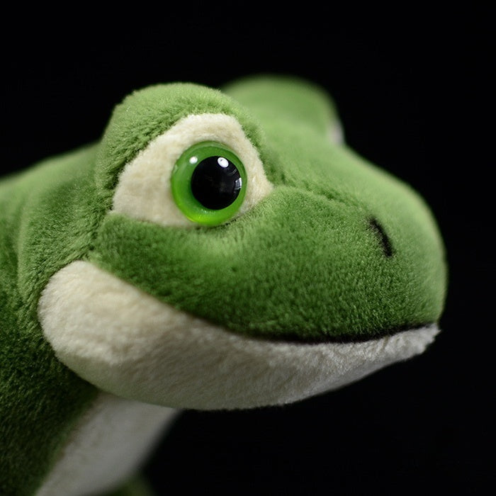 Detailed side view of American Green Tree Frog plush’s head, emphasizing its vibrant green tones