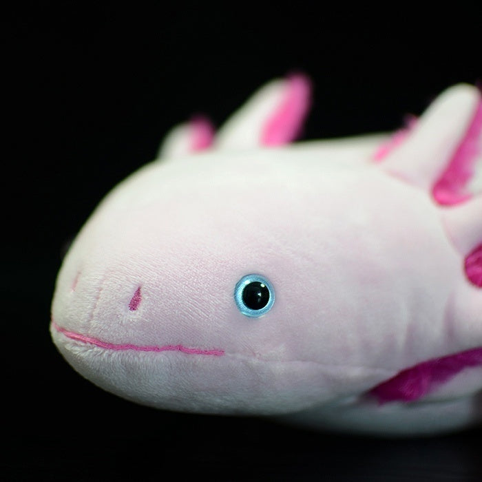Detailed look at lifelike face of pink axolotl plush toy by SoftDaysLab, perfect for collectors