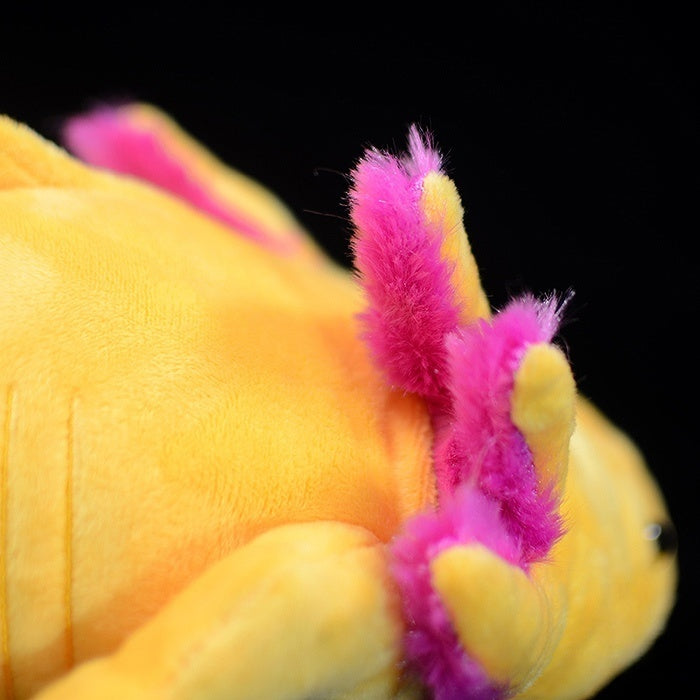 Detailed view of the plush axolotl’s soft pink gills, adding a lifelike touch to its design