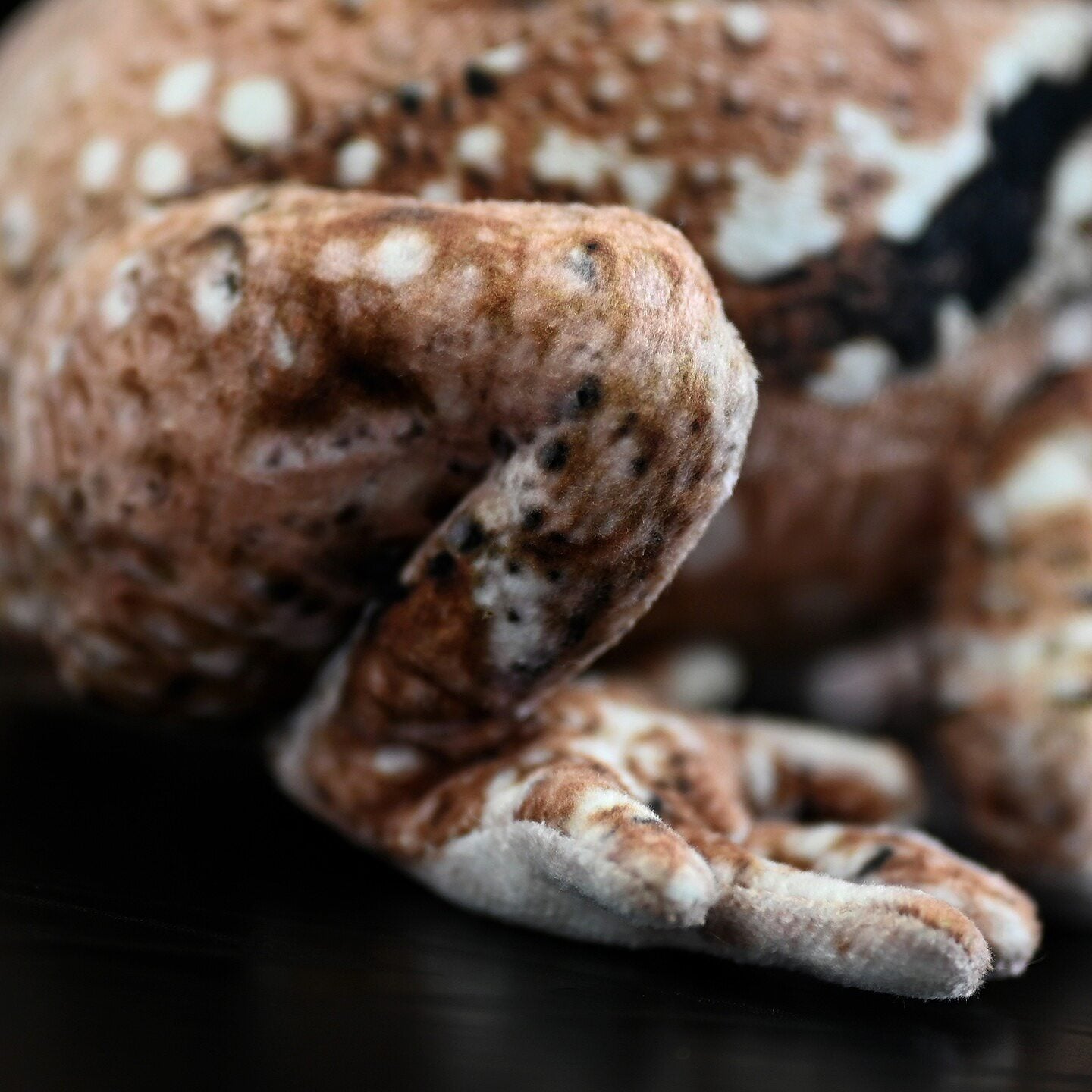 Close-up of Japanese Common Toad plush’s detailed foot, replicating realistic amphibian anatomy