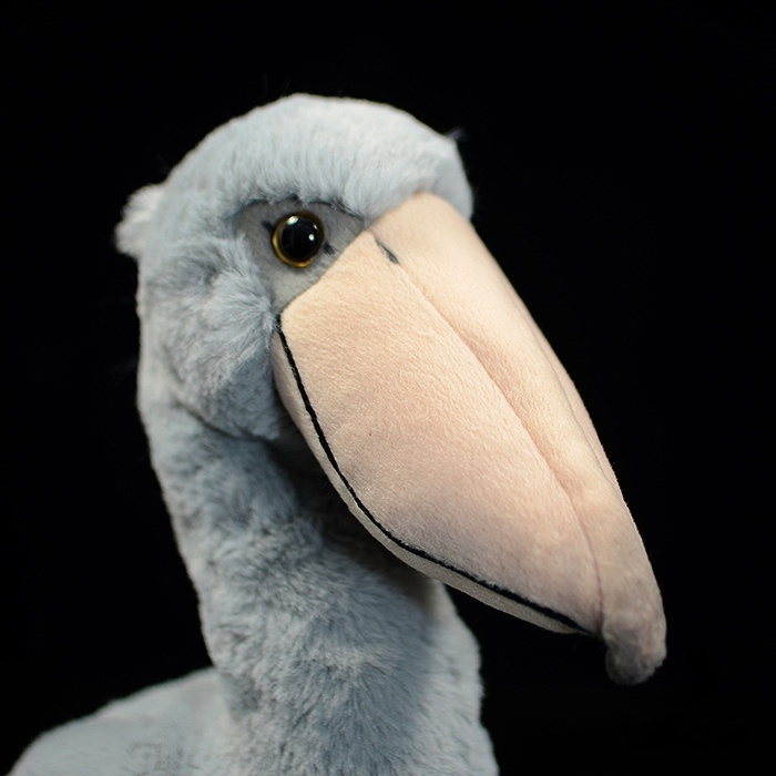 Close-up of Shoebill Stork plush toy’s lifelike head and signature beak, perfect for bird lovers