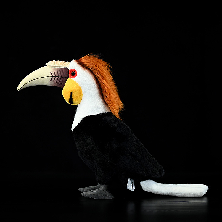 Side view of Wreathed Hornbill plush toy showcasing realistic beak and feather details by SoftDaysLab