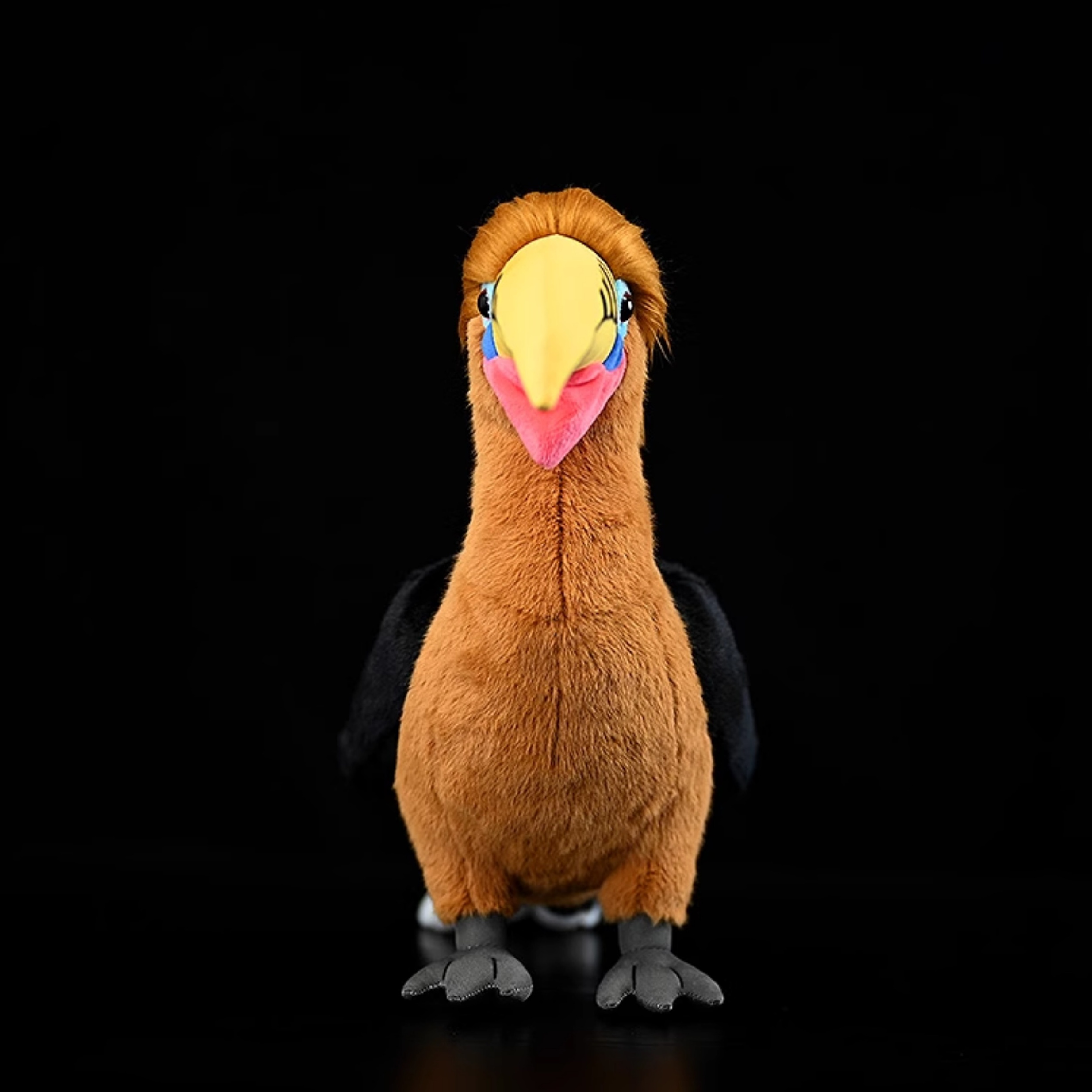 Front view of a lifelike Rufous-necked Hornbill plush toy with vibrant details by SoftDaysLab