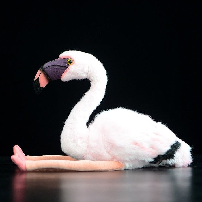 Side view of a greater flamingo plush toy with detailed pink wings and long legs by SoftDaysLab