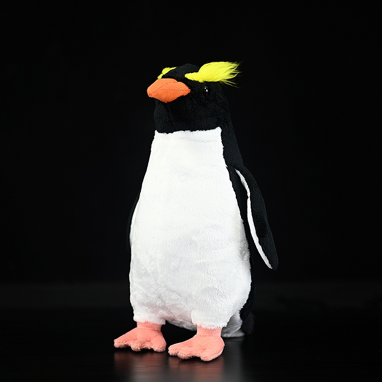 Realistic Fiordland penguin plush toy with bright yellow crests and orange beak, crafted by SoftDaysLab