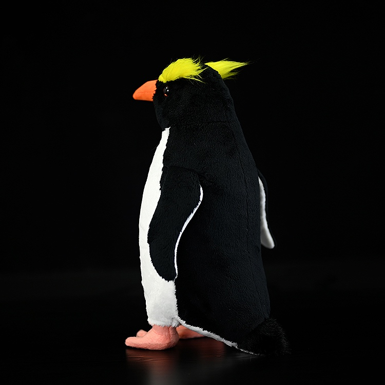 Left side view of a detailed Fiordland penguin plush toy, perfect for collectors, created by SoftDaysLab