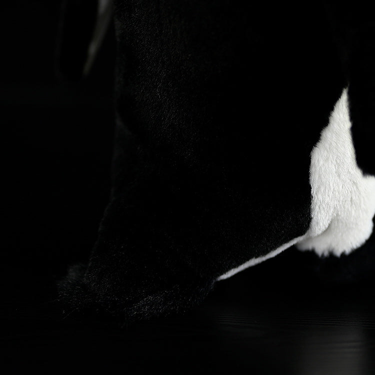 Close-up of an emperor penguin plush toy's tail, showcasing its soft black fabric and realistic stitching details