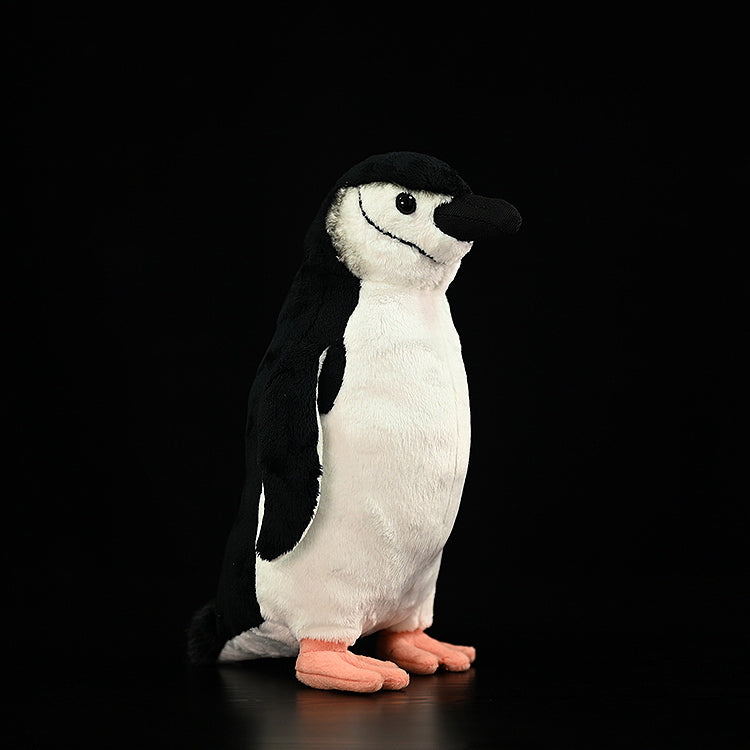 Realistic chinstrap penguin plush toy by SoftDaysLab, standing pose, lifelike black-and-white design, soft texture