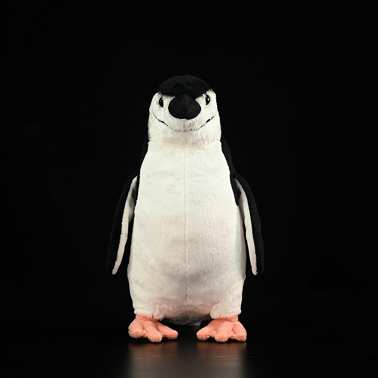 Front view of a lifelike chinstrap penguin plush toy by SoftDaysLab, showcasing realistic details and soft texture