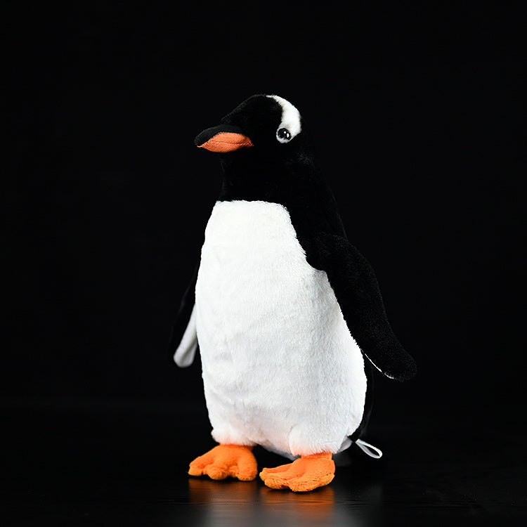 Realistic Gentoo Penguin plush toy by SoftDaysLab, full view, black and white design with orange beak and feet
