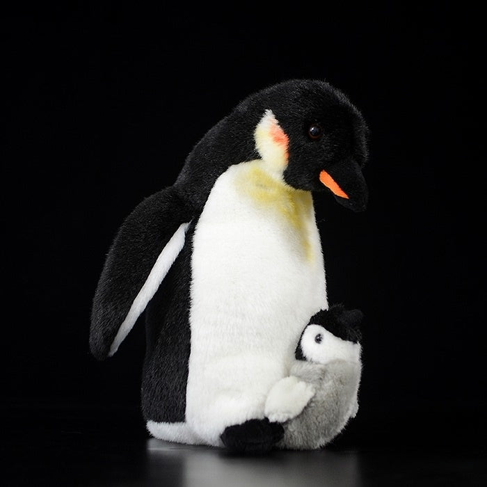 Side view of emperor penguin plush cuddling its chick, a heartwarming and realistic design by SoftDaysLab