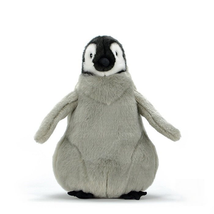 Front view of emperor penguin chick plush by SoftDaysLab, featuring fluffy silver-grey details