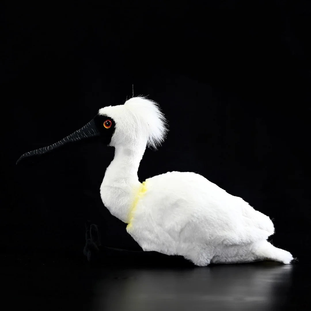 Profile view of the elegant Black-faced Spoonbill Plush Toy highlighting its realistic features