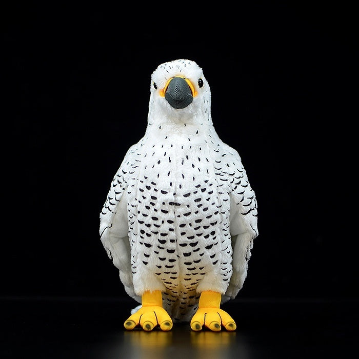 Front view of a cuddly white gyrfalcon stuffed animal, showcasing detailed patterns by SoftDaysLab