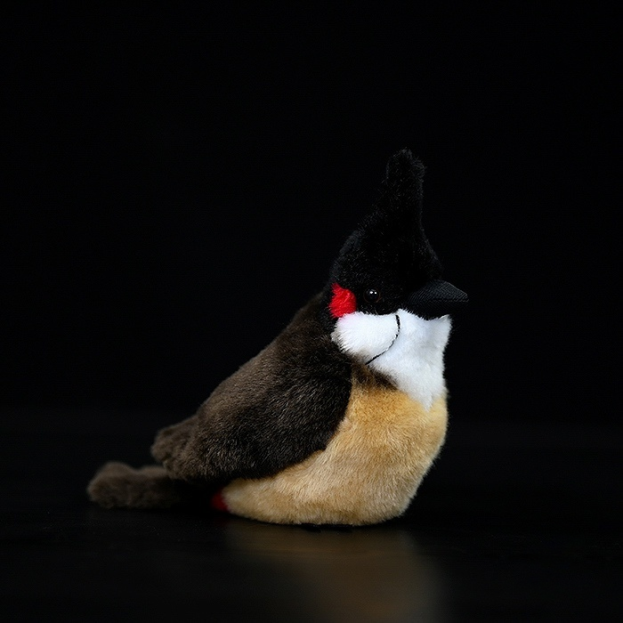 Realistic Red-Whiskered Bulbul plush with vibrant colors, long crest, and detailed feathers by SoftDaysLab