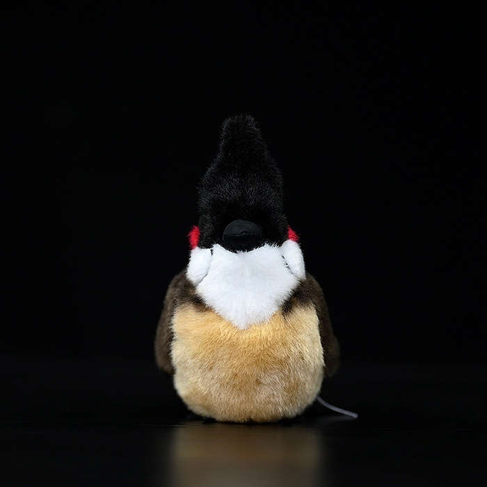 Frontal view of Red-Whiskered Bulbul plush displaying chubby body and iconic white and red markings