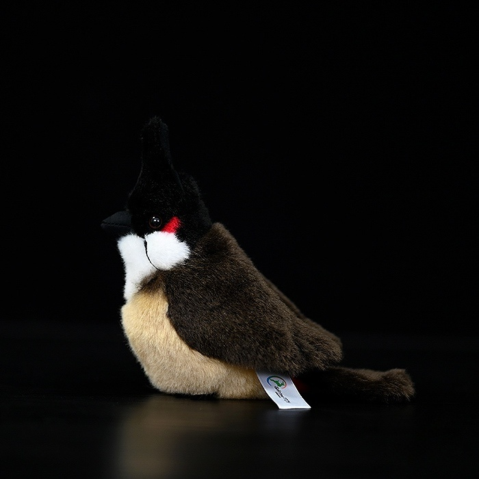 Side view of Red-Whiskered Bulbul plush toy showing vivid red whiskers and cute, chubby design by SoftDaysLab