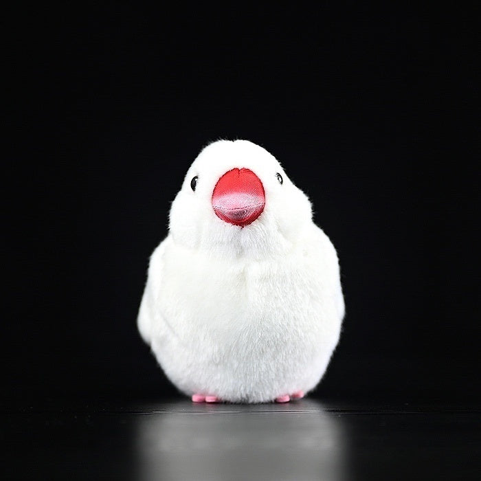 Front view of White Java Sparrow bird plush featuring soft texture and iconic red beak design