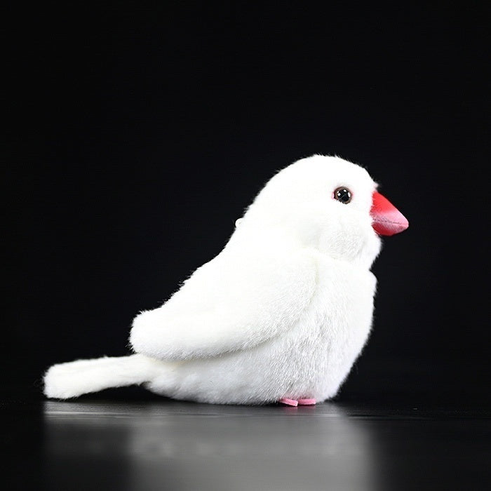 Side view of White Java Sparrow bird plush showing natural pose and lifelike details with hanging loop