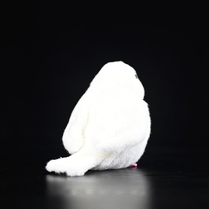 Back view of White Java Sparrow bird plush highlighting its tail and hanging loop for easy attachment