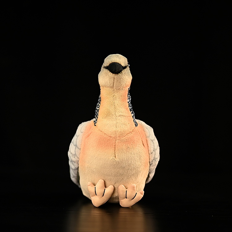 Realistic left-side profile of a Spotted Dove plush with soft texture and intricate scale-like wing design