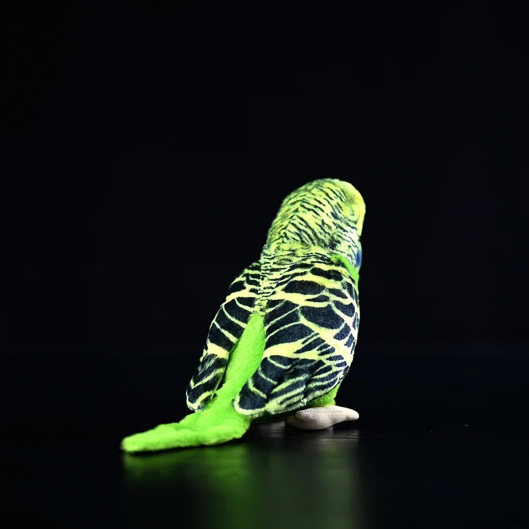 Back view of the Budgerigar Plush Toy, highlighting its meticulously designed tail and feather details