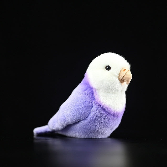 Side view of a lifelike purple lovebird plush toy with soft texture and realistic design by SoftDaysLab