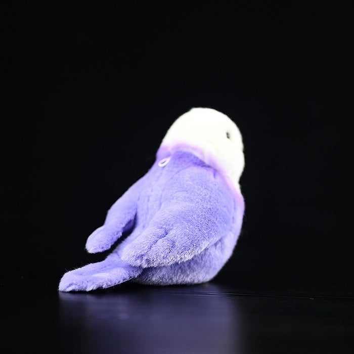 Back view of a purple lovebird plush toy with a hanging loop, showcasing realistic design and soft texture