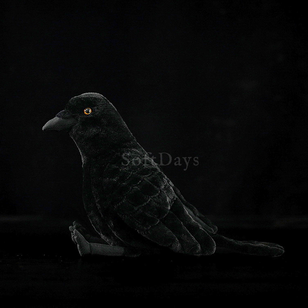 Side view of American crow plush toy, highlighting intricate feather patterns and realistic craftsmanship