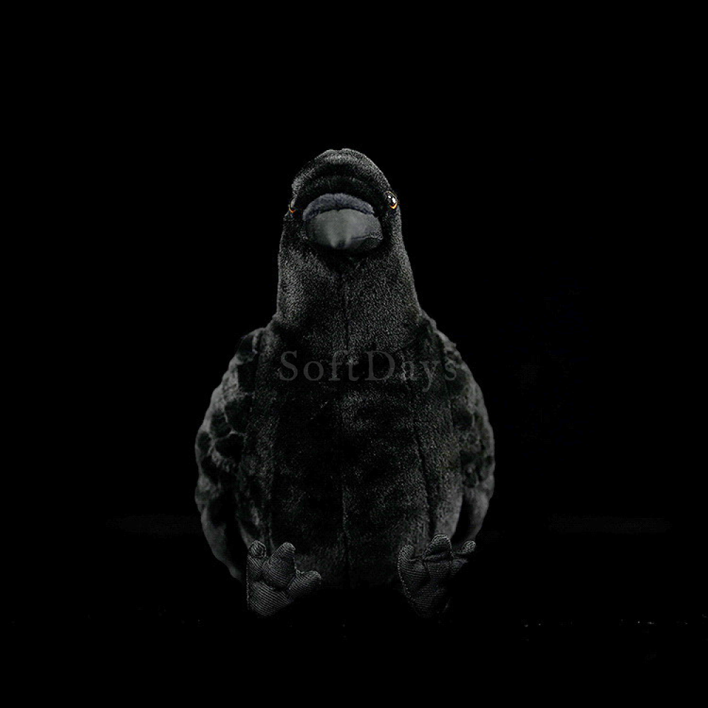 Front view of American crow plush toy with striking black features, perfect for crow and bird enthusiasts