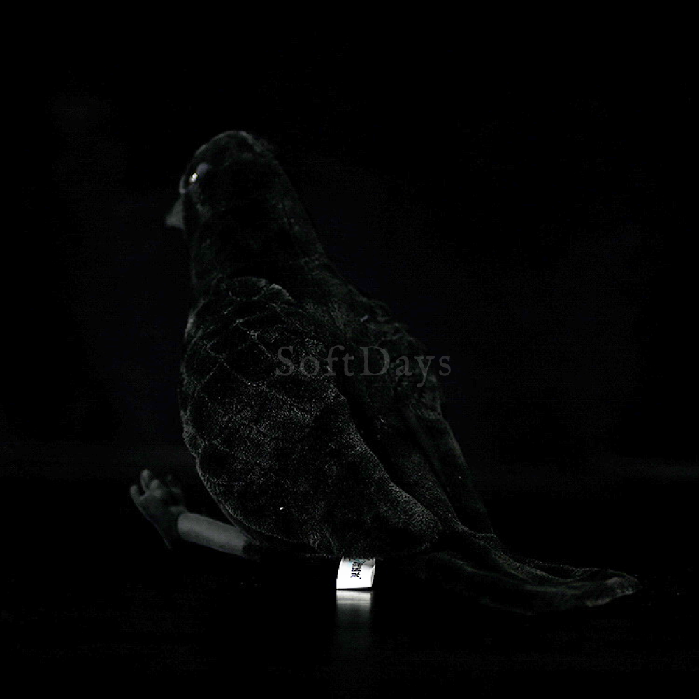 Rear view of American crow plush toy by SoftDaysLab, featuring a sleek tail and textured body design