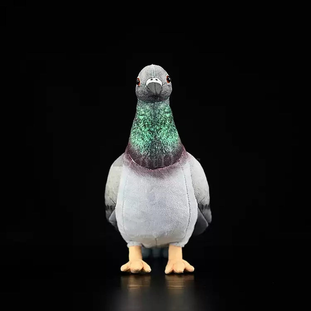 Front view of Hill Pigeon plush toy with realistic details and vibrant green and purple neck feathers