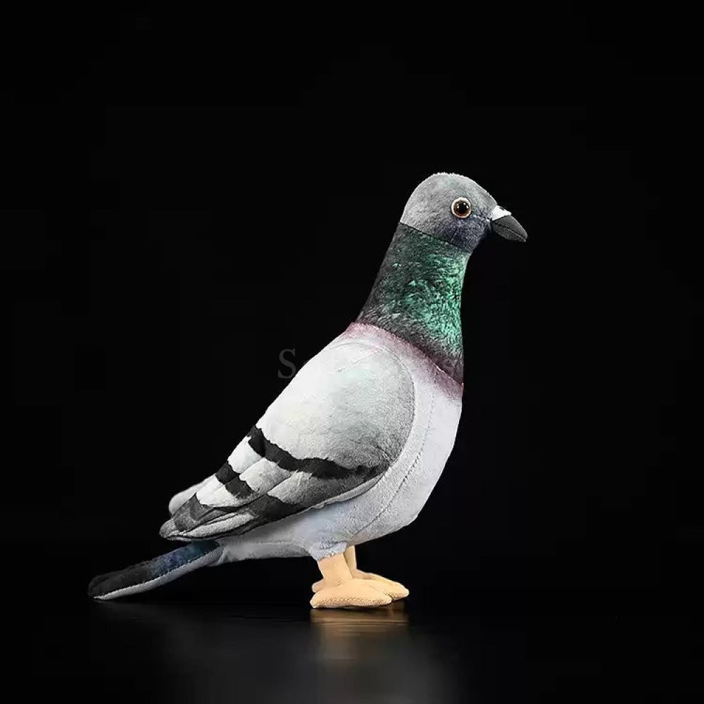 Side profile of Hill Pigeon stuffed bird with soft grey body and intricate wing patterns by SoftDaysLab