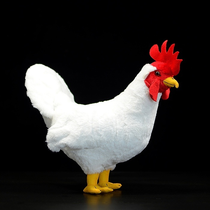 Side view of White Rooster Chicken Plush Toy with red comb, soft white fur, and yellow feet by SoftDaysLab
