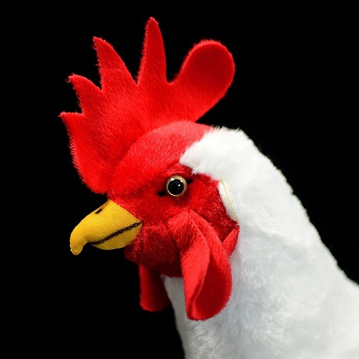 Close-up of White Rooster Chicken Plush Toy’s red comb and yellow beak, capturing its lifelike design by SoftDaysLab