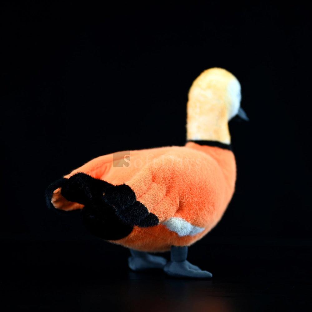 Back view of Ruddy Shelduck Plush Toy showcasing detailed black tail and bright orange back by SoftDaysLab