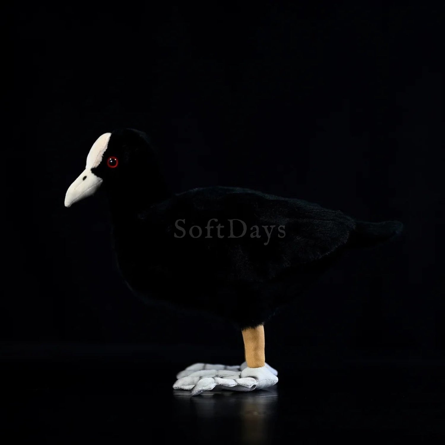 Eurasian Coot plush toy with soft black feathers, white shield, and red eyes for bird lovers