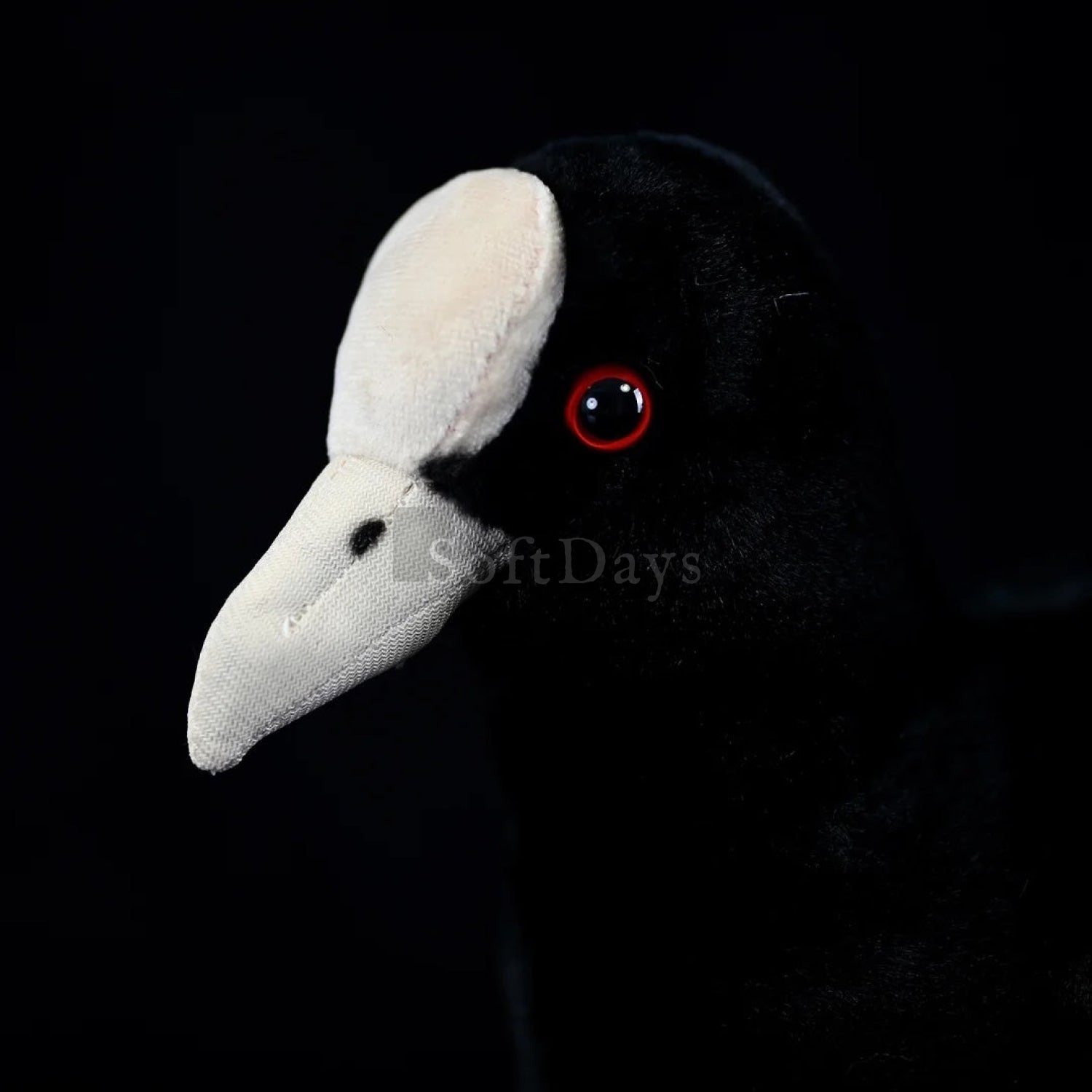 Eurasian Coot bird plush toy’s head with white shield, realistic red eyes, and soft feathers