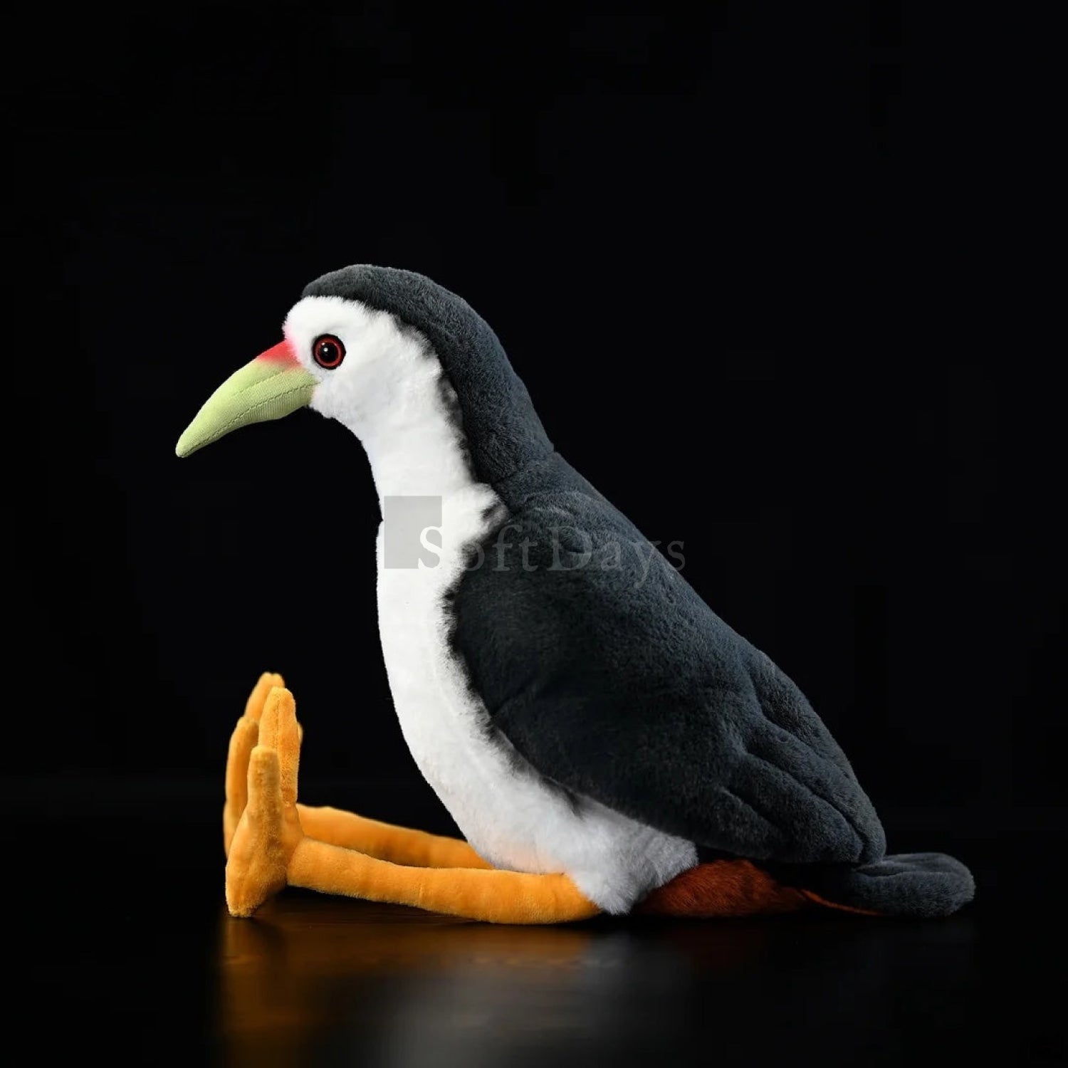 Lifelike White-breasted Waterhen plush toy featuring a white chest, green beak, and bright orange feet