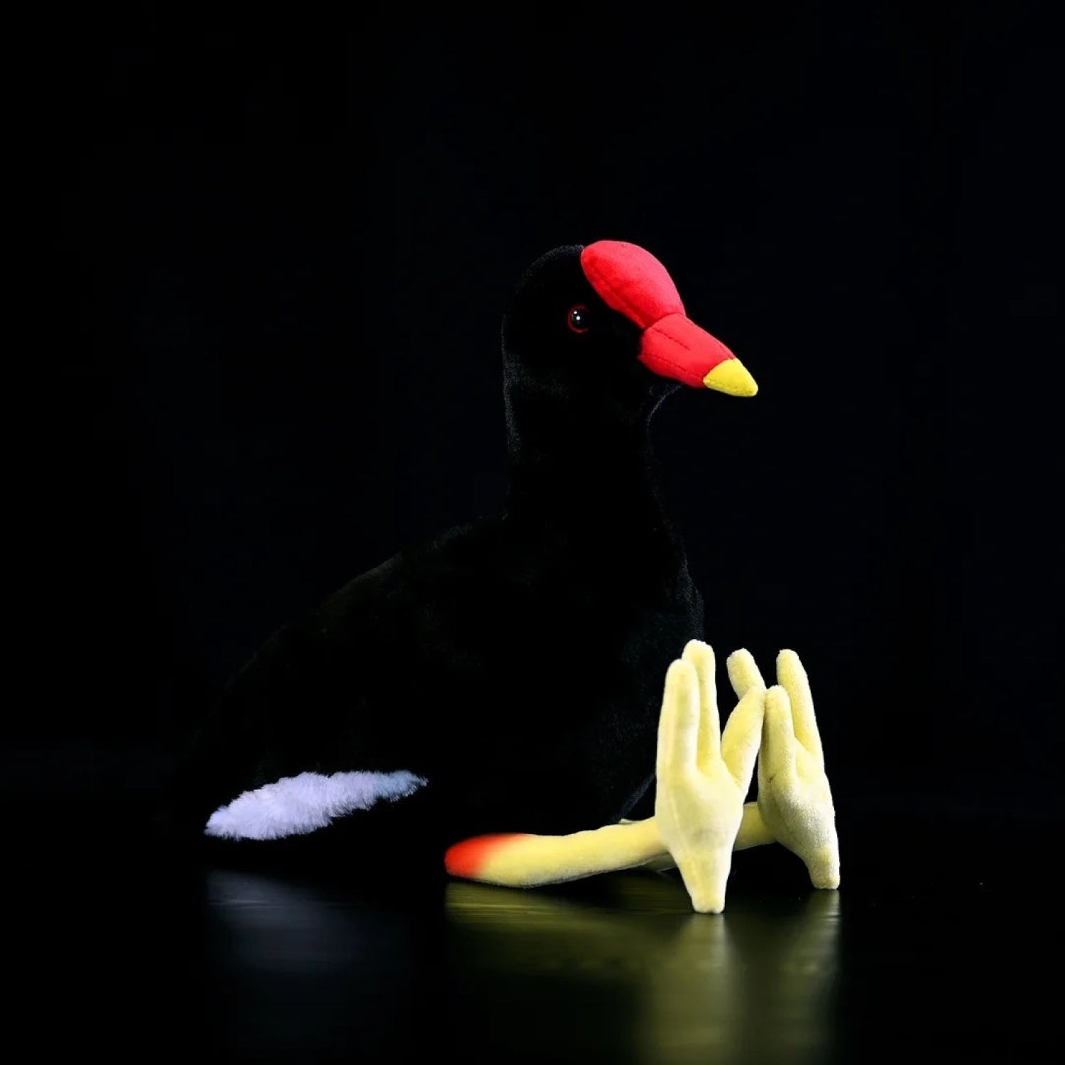 Realistic plush of a Common Moorhen bird with vibrant red and yellow beak, perfect for bird lovers