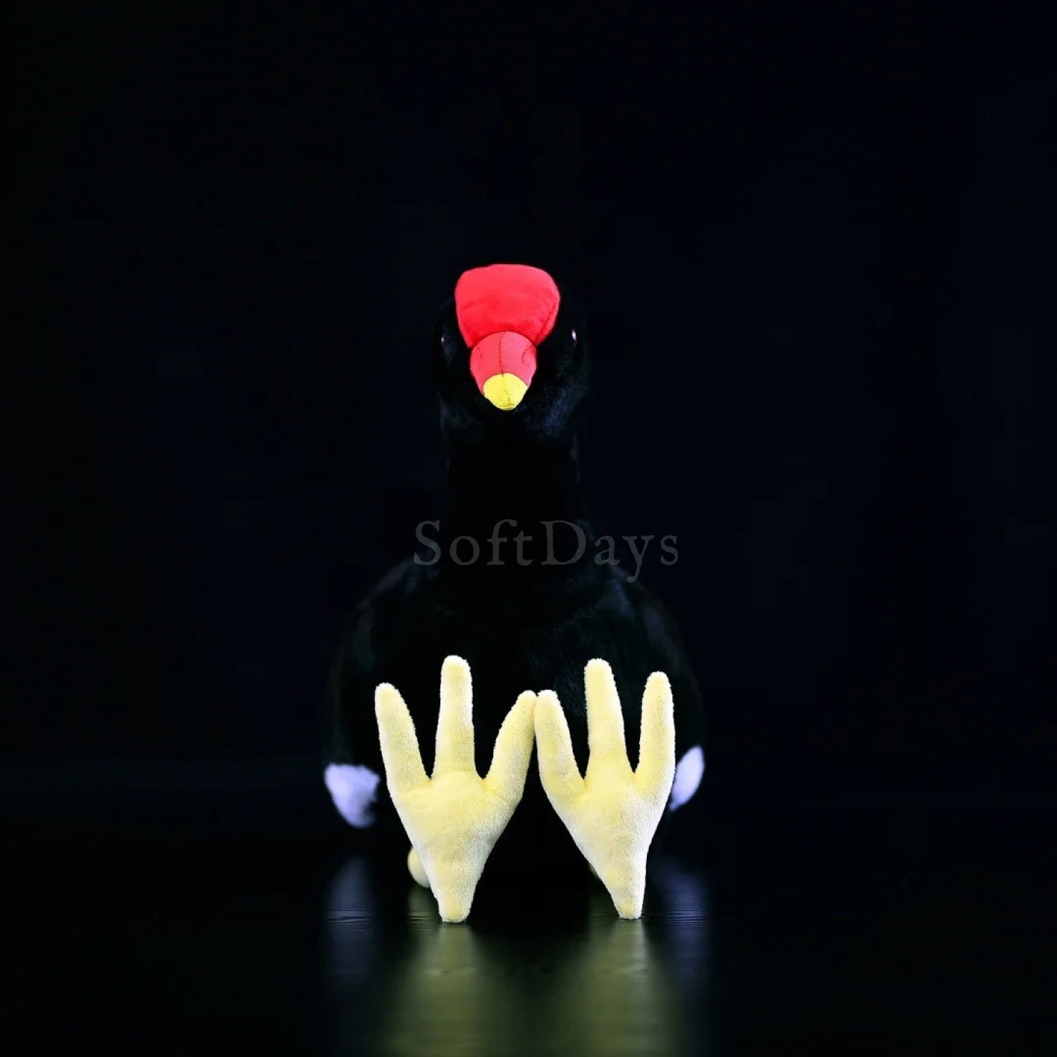 Front view of a lifelike Common Moorhen bird plush toy with detailed design and soft texture