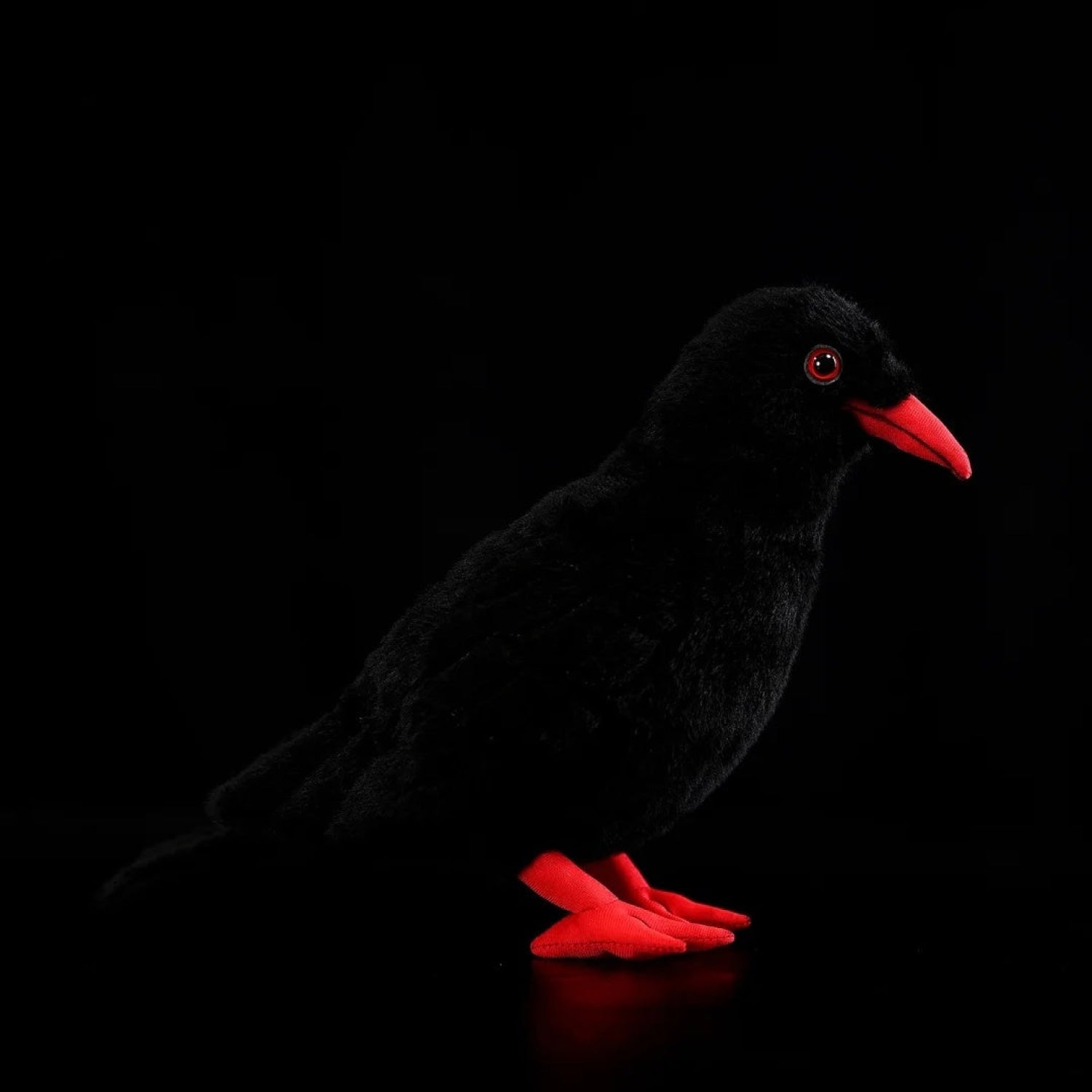 Realistic Red-Billed Chough bird plush toy with soft black feathers and vibrant red beak and legs
