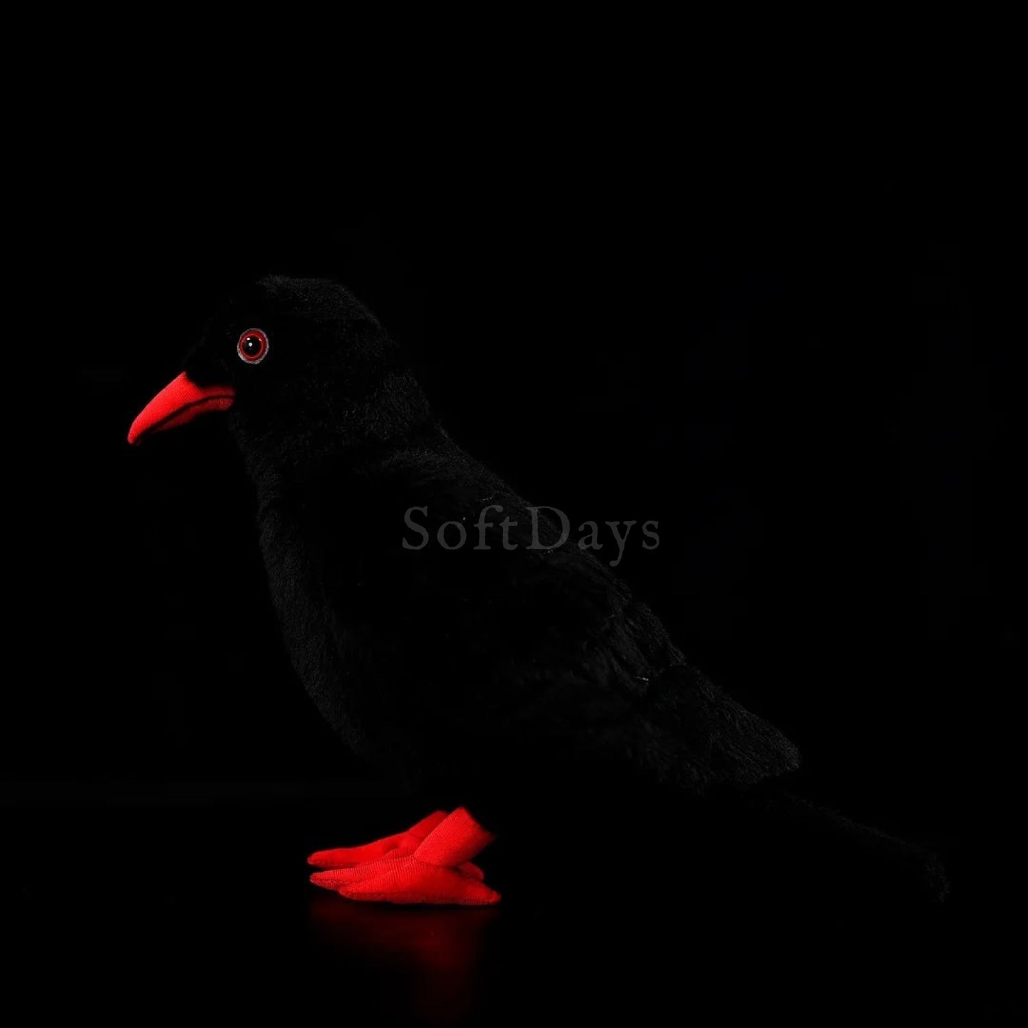 Lifelike Red-Billed Chough bird plush toy featuring detailed red beak and soft, glossy black plumage