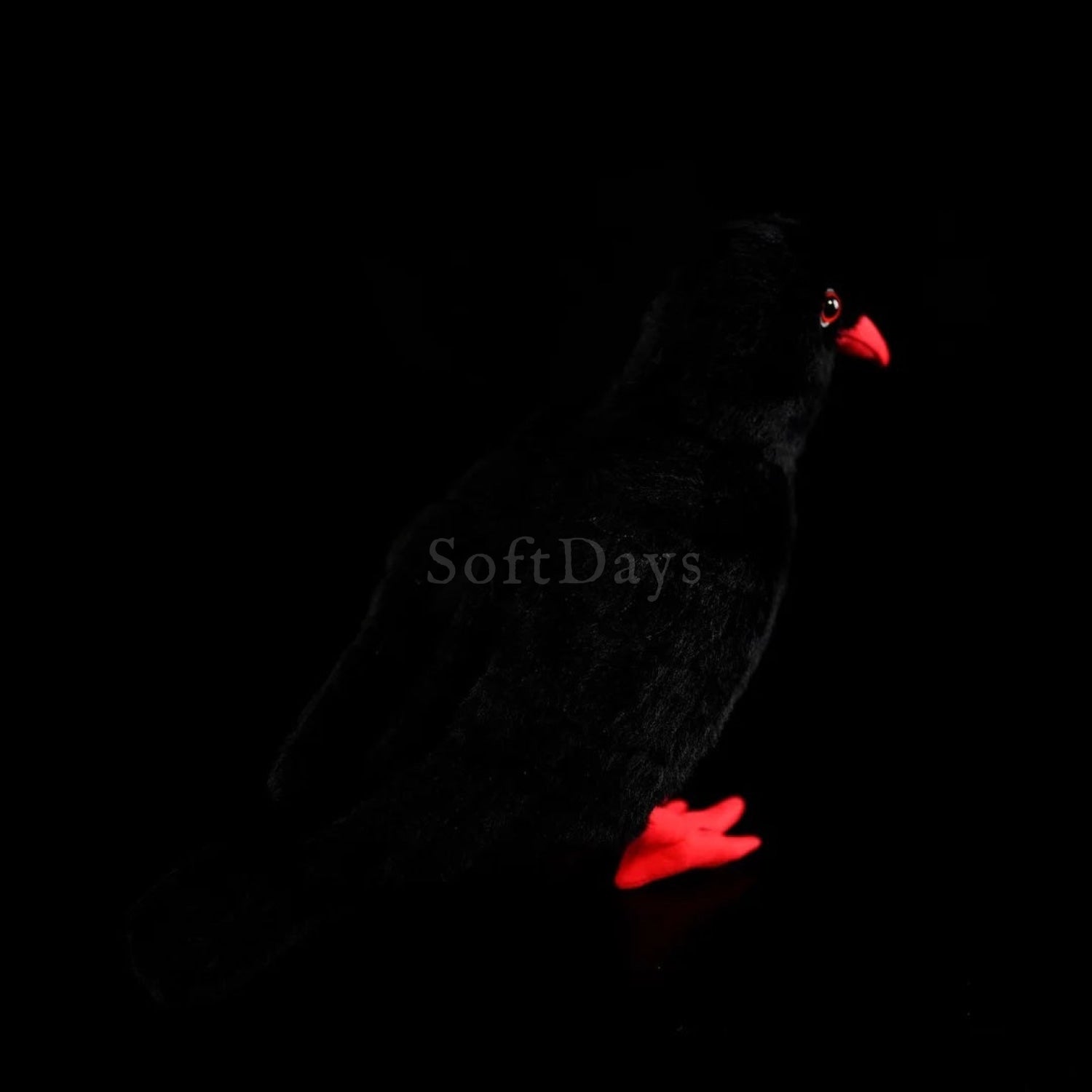 Plush toy of a Red-Billed Chough bird with lifelike red legs and a curved red beak, ideal for gifts