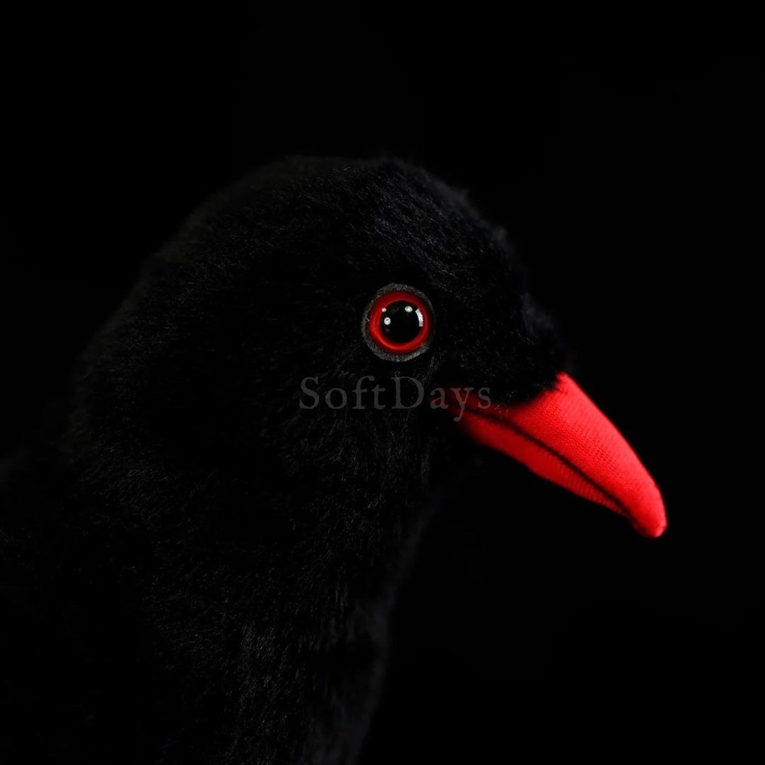 Rear view of Red-Billed Chough bird plush toy with detailed black feathers and vibrant red legs and beak