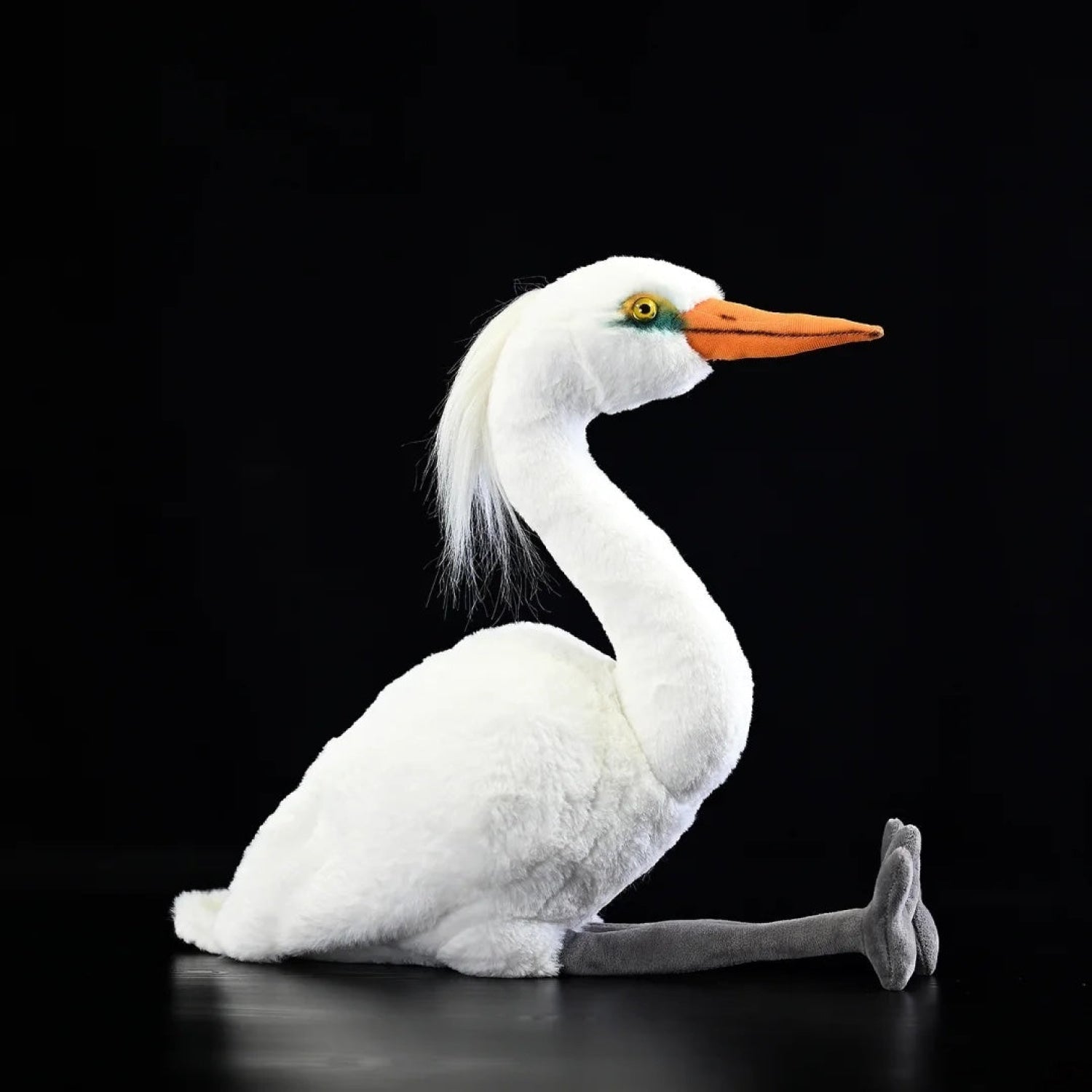 Chinese egret bird plush toy with white feathers, long crest, orange beak, and lifelike details