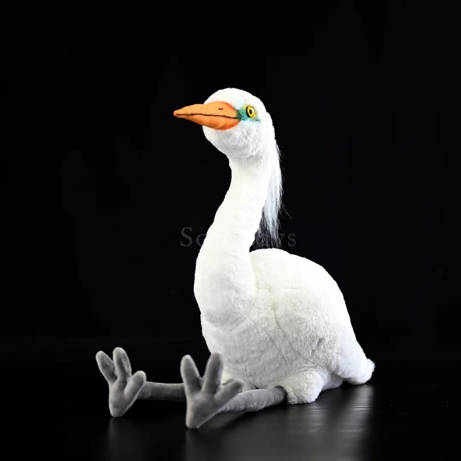 Lifelike Chinese egret plush toy with vibrant orange beak, soft white body, and detailed crest feathers